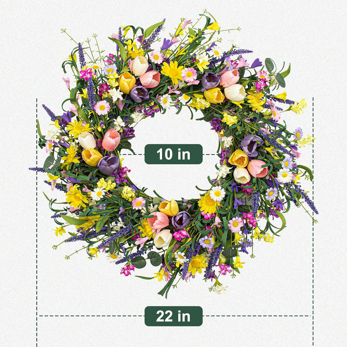 Spring Wreath 22 inch Indoor Summer Wreaths Artificial Spring Wreaths for Front Door, Tulip Wreath with Daisy and Lavender for Home Holiday Decor
