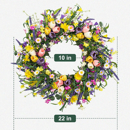 Spring Wreath 22 inch Indoor Summer Wreaths Artificial Spring Wreaths for Front Door, Tulip Wreath with Daisy and Lavender for Home Holiday Decor