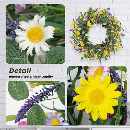 Spring Decorations for Home 22" Spring Wreath Artificial Summer Wreaths with Eucalyptus Leaf Lavender and Daisy for Easter Indoor Outdoor Home Festival Celebrations
