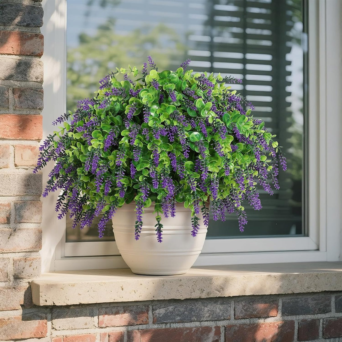 Artificial Eucalyptus & Lavender Topiary Ball Tree for Front Door - Set of 2 Topiary Trees with Pots, UV Resistant Faux Bushes Potted Plants for Porch Garden Farmhouse Outdoor Decoration