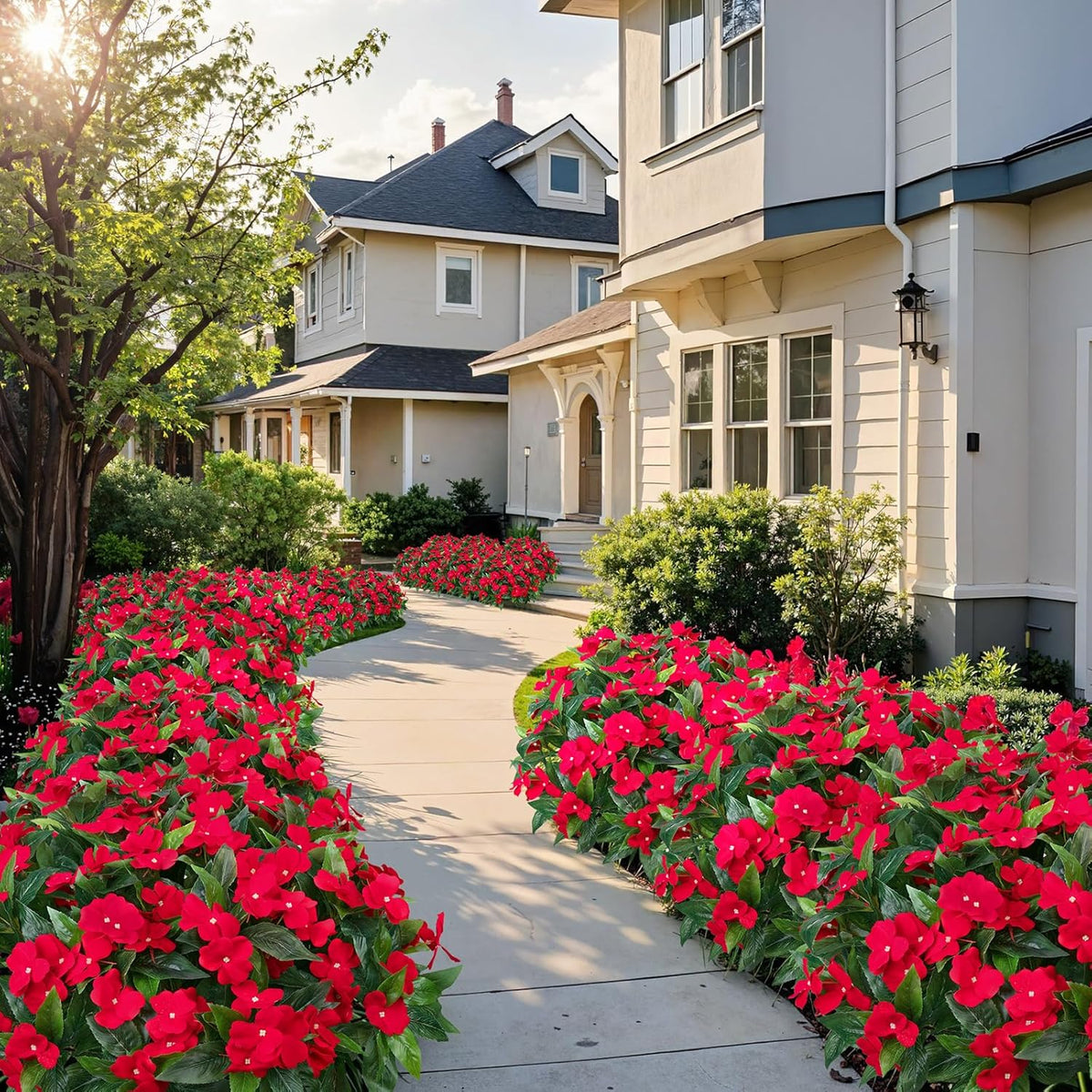 5 Pcs Artificial Flowers for Outdoors Silk Impatiens Flowers Bouquet Decorations Fake Faux Plants UV Resistant for Spring Summer Garden Patio Porch Window Box Balcony Planters Home, Red