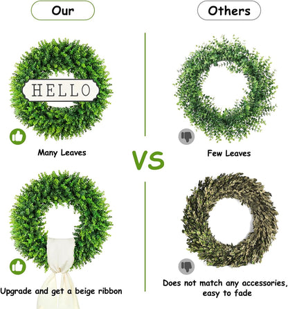 DDHS 20" Boxwood Wreaths Front Door Artificial Spring Wreath. Wreaths for Front Door Farmhouse Wedding Green Year Round Indoor Outdoor for Summer Wreath St Patricks Day Decorations -(Hello Sign)