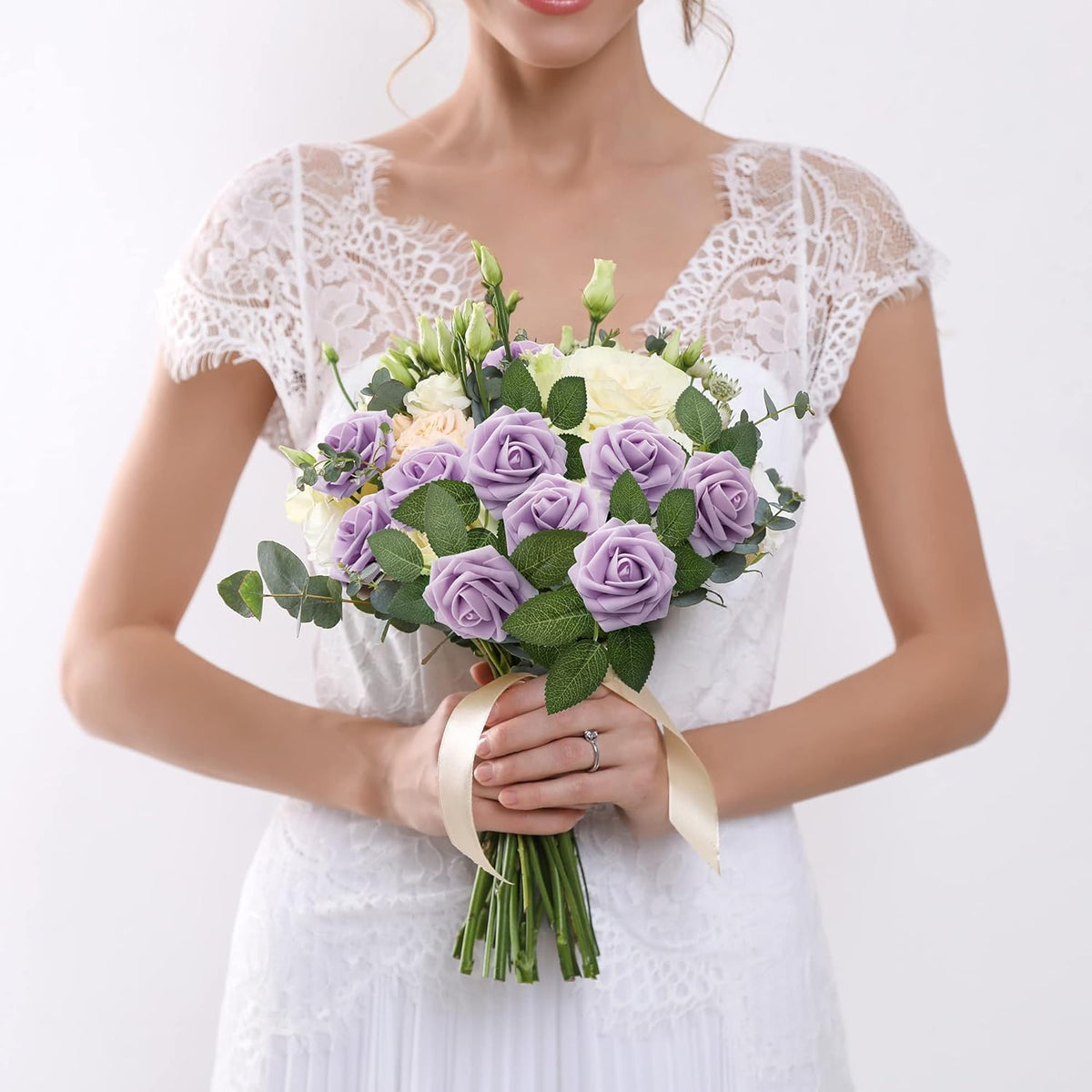 Mocoosy 50Pcs Rose Artificial Flowers, Lavender Fake Roses for Decorations, Purple Foam Fake Flowers with Stem for DIY Wedding Bouquet Bridal Shower Mother's Day Floral Arrangement Party Home Decor
