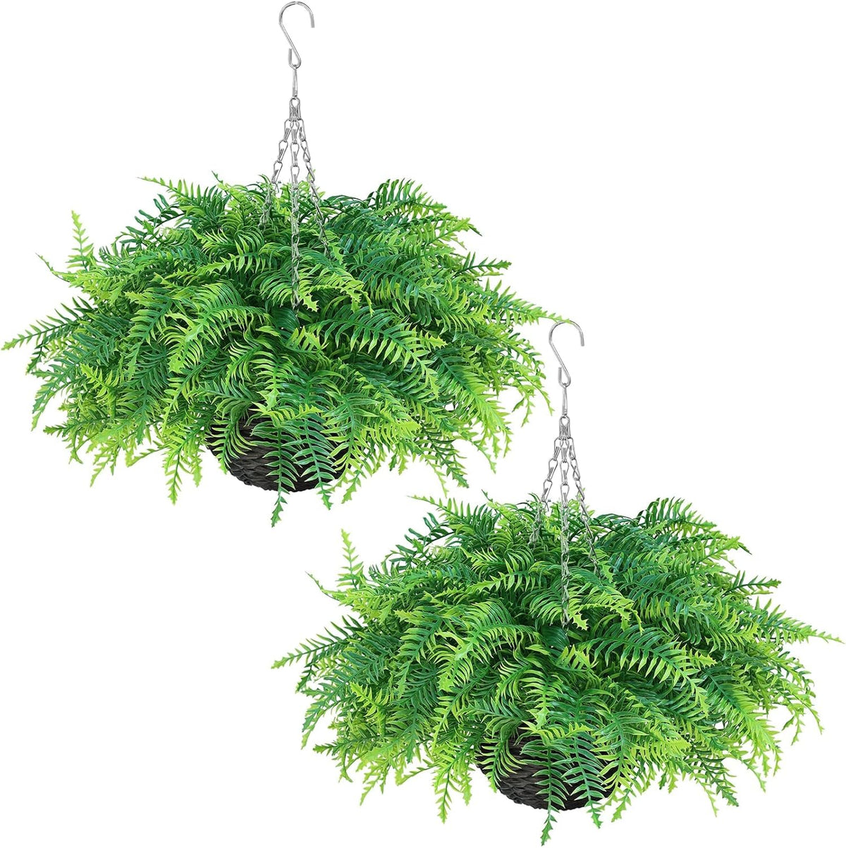 Artificial Ferns Plants with Hanging Basket-2 Set for Outdoor Decoration, Fake Boston Fern Hanging Planters Faux Greenery UV Resistant for Front Porch Patio Garden Farmhouse Home Decor (Green)