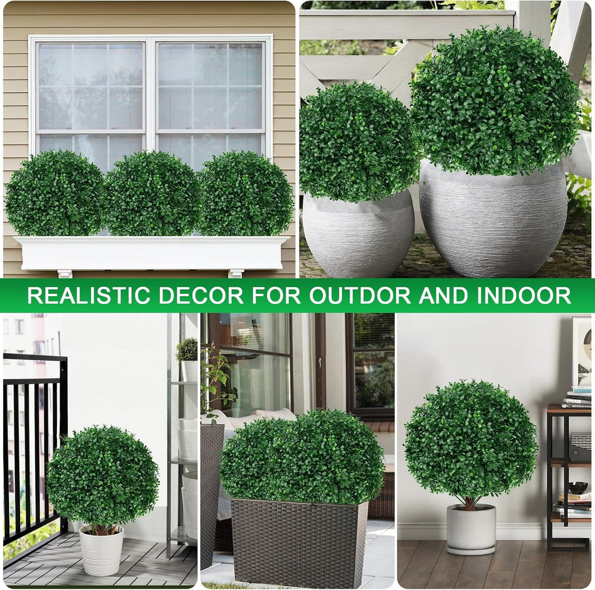 2 Pack Artificial Boxwood Topiary Ball Trees, 16" UV Resistant Fake Evergreen Shrubs Bushes Plants with Ground Spike, Fake Plants for Outdoor Indoor Front Porch Garden