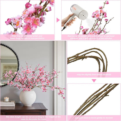 6 PCS Artificial Cherry Blossom Branches Spring Indoor Decoration, Faux Flowers 34.45" Long Stems Plum Fake Peach Plants Real Touch Silk for Wedding Home Bedroom Party Table Office, Pink