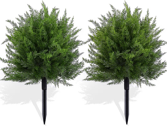 Artificial Topiary Bushes for Outdoors with Spike, Boxwood Ball Fake Shrubs UV Resistant Faux Plants for Indoor Outdoor Fall Thanksgiving Halloween Decor (Cedar Topiary Ball Trees)