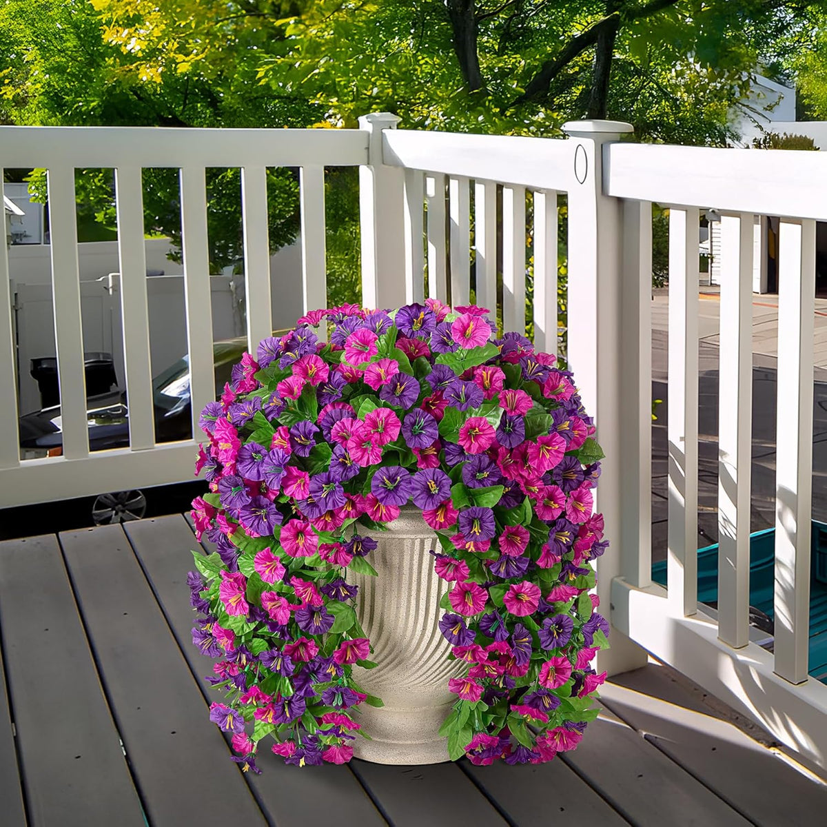Artificial Fake Hanging Flowers Plants for Outdoor Decoration, 2PCS Faux Silk Morning Glory Long Vines Stems UV Resistant Look Real for Spring Summer Outside Home Porch Patio(Violet Red Purple)