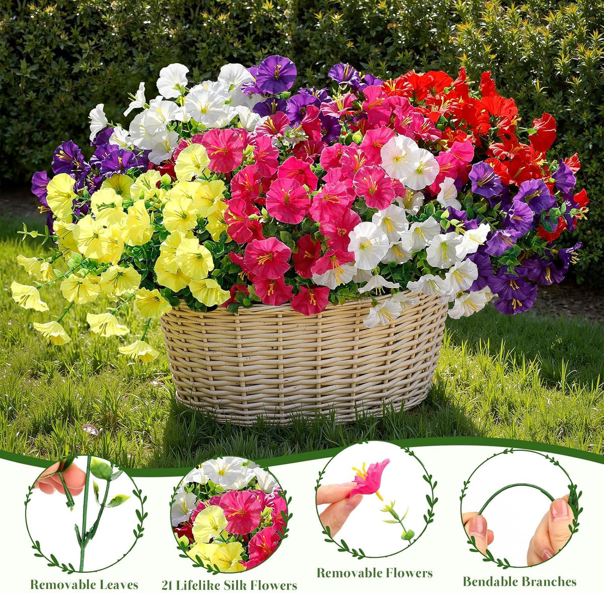 Alupssuc 24 Bundles Artificial Flowers for Outdoors, Faux Spring Flowers for Decoration, UV Resistant Silk Morning Glory with Eucalyptus Realistic Fake Flowers for Yard Planter Porch Garden, 5 Colors