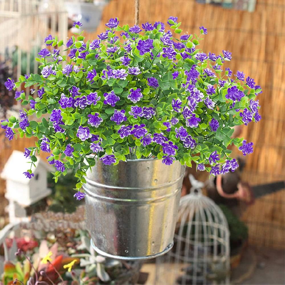 Grunyia 10 Bundles Artificial Fake Flowers, Faux Outdoor Plastic Plants UV Resistant Shrubs Outside Indoor Decorations (Blue-Eucalyptus)