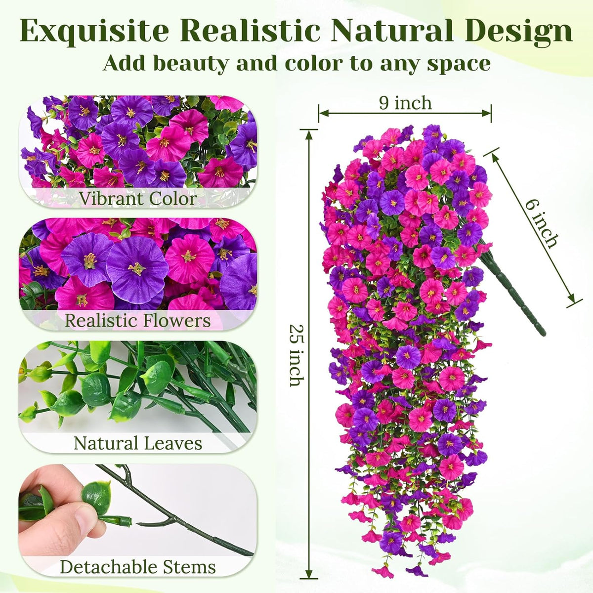 Dolicer 2 Packs Look Real Artificial Flowers for Outdoors, Fake Artificial Hanging Flowers for Outdoors Realistic UV Resistant Hanging Flowers Silk Petunia Faux Flowers for Porch Patio(Purple+Fuchsia)