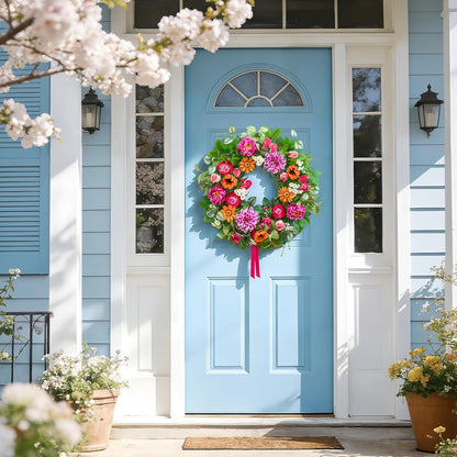 24 Inch Spring Summer Wreath for Front Door with Dahlia, Peony & Daisy Floral Decor