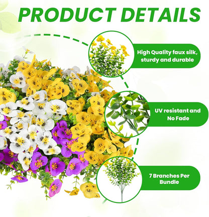 Alotiki Artificial Pansies for Outdoors, 24 Bundles Faux Silk Pansies Flowers UV Resistant Silk, Artificial Flowers for Porch Yard Garden Home Indoor Decor (Purple, White, Yellow)