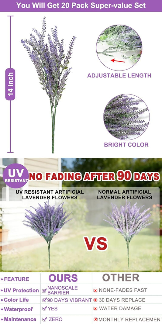 TURNMEON 20 Bundles Artificial Lavender Flowers for Outdoors, UV Resistant No Fade Fake Plants Plastic Faux Plants for Home Window Box Planter Porch Gardens Cemetery Spring Summer Decor(Gray Purple)