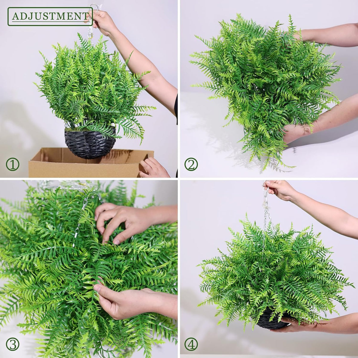 Artificial Ferns Plants with Hanging Basket-2 Set for Outdoor Decoration, Fake Boston Fern Hanging Planters Faux Greenery UV Resistant for Front Porch Patio Garden Farmhouse Home Decor (Green)