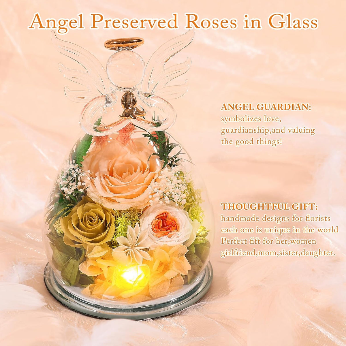 Gifts for Mom Birthday Gifts for Women Preserved Rose Forever Flower in Glass Angel Figurines Fresh Flowers for Delivery Anniversary Mothers Day Real Colorful Roses for Grandma Her Wife from Daughter