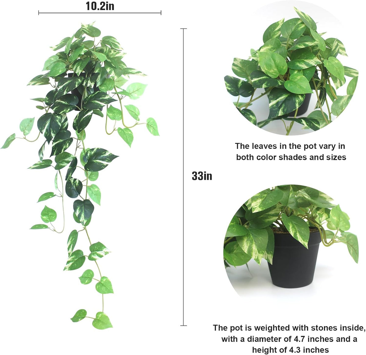 Fake Pothos Hanging Plants - 33" Set of 2 Artificial Silk Ivy Vines with Pots, Realistic Faux Greenery for Indoor Home Office Bathroom Decor, Low Maintenance Hanging Plant Decoration - Golden Green