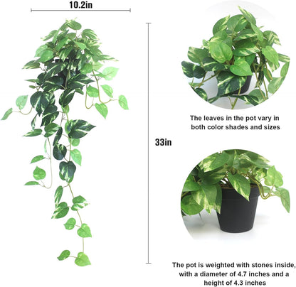 Fake Pothos Hanging Plants - 33" Set of 2 Artificial Silk Ivy Vines with Pots, Realistic Faux Greenery for Indoor Home Office Bathroom Decor, Low Maintenance Hanging Plant Decoration - Golden Green
