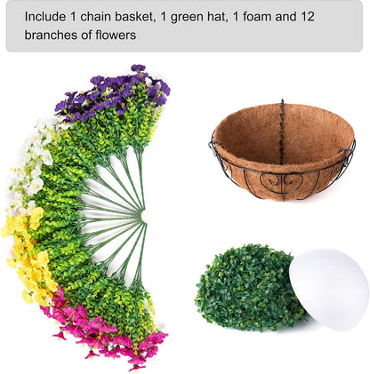 HyeFlora Artificial Hanging Flowers Faux Plants Basket for Outdoors Spring Decor, Fake Silk Morning Glory with Eucalyptus in Planter UV Resistant Outdoor Flowers for Outside Porch Patio Garden Home