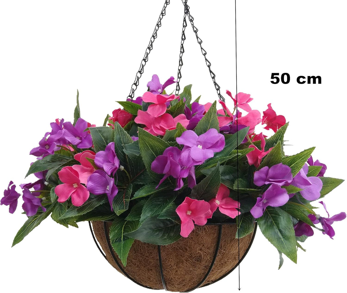 Flo Set of Hanging Basket Artificial Impatiens Flowers Purple and Pink for Balcony Decoration (Big Basket and Artifiical Flowers) Flo