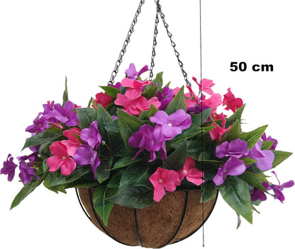 Flo Set of Hanging Basket Artificial Impatiens Flowers Purple and Pink for Balcony Decoration (Big Basket and Artifiical Flowers) Flo