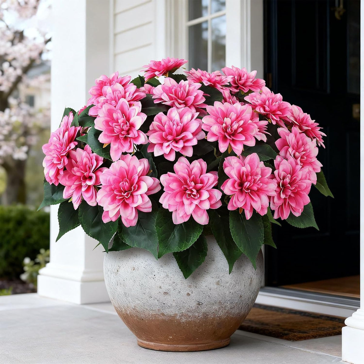 2 Set of Artificial Dahlia Topiary Ball Trees - Fake Silk Dahlia Flower Bushes, UV Resistant Faux Floral Shrub Potted for Front Door Porch Farmhouse Wedding Outdoor Decor (Pink)