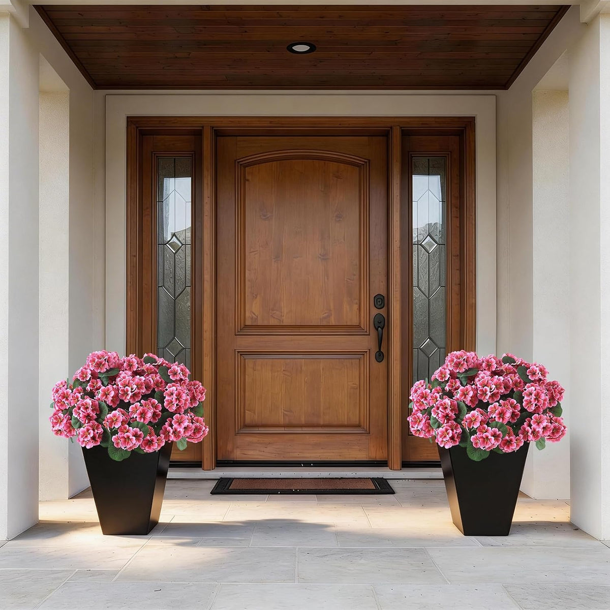 2 Pack Artificial Geranium Flowers Topitary Trees for Outdoors, UV Resistant Geraniums Potted Bushes Look Real Silk Faux Plants for Front Door Garden Porch Planter Farmhouse Home Decor (Peach Red)