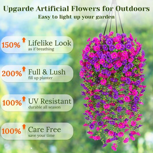 Dolicer 4 Packs Look Real Artificial Flowers for Outdoors, Fake Artificial Hanging Flowers for Outdoors Realistic UV Resistant Hanging Flowers Silk Petunia Faux Flowers for Porch Patio(Purple+Fuchsia)