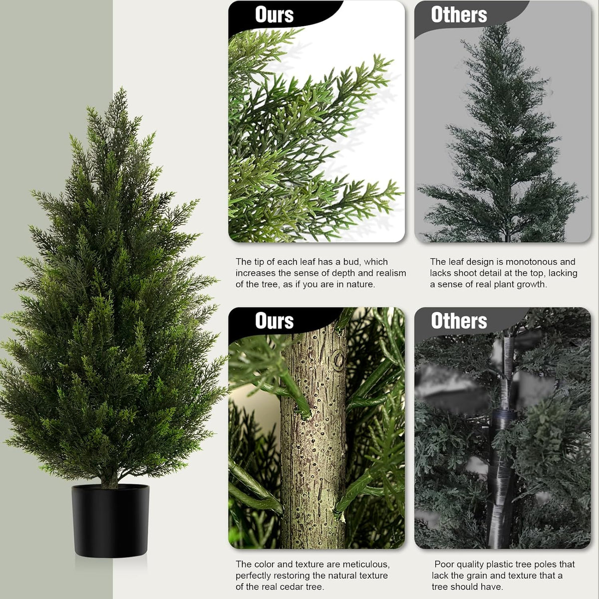 Artificial Topiary Cedar Trees 3FT Tall 2 Set with 12 Bundles Faux Silk Flowers, Outdoor Indoor Faux Pine Shrubs Plants, Fake Bushes Plants for Home Front Porch Door Patio