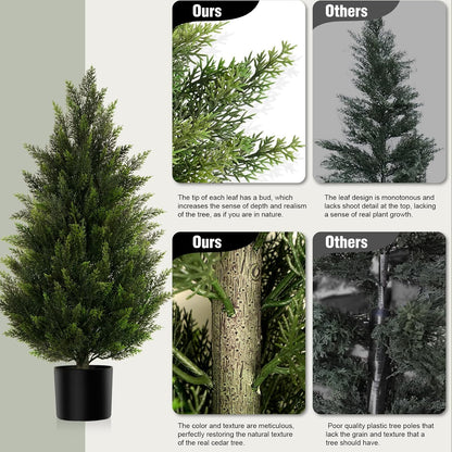 Artificial Topiary Cedar Trees 3FT Tall 2 Set with 12 Bundles Faux Silk Flowers, Outdoor Indoor Faux Pine Shrubs Plants, Fake Bushes Plants for Home Front Porch Door Patio