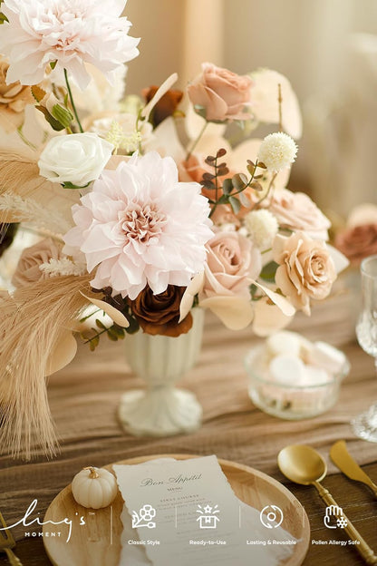 Ling's moment Fake Flowers Box, Faux Artificial Greenery Stems Foam Roses Silk Dahlia Pampas Grass Fabic Flower for Centerpieces Bouquet Wedding Vase Floral Decorations, Beige & Sepia, Deluxe Combo