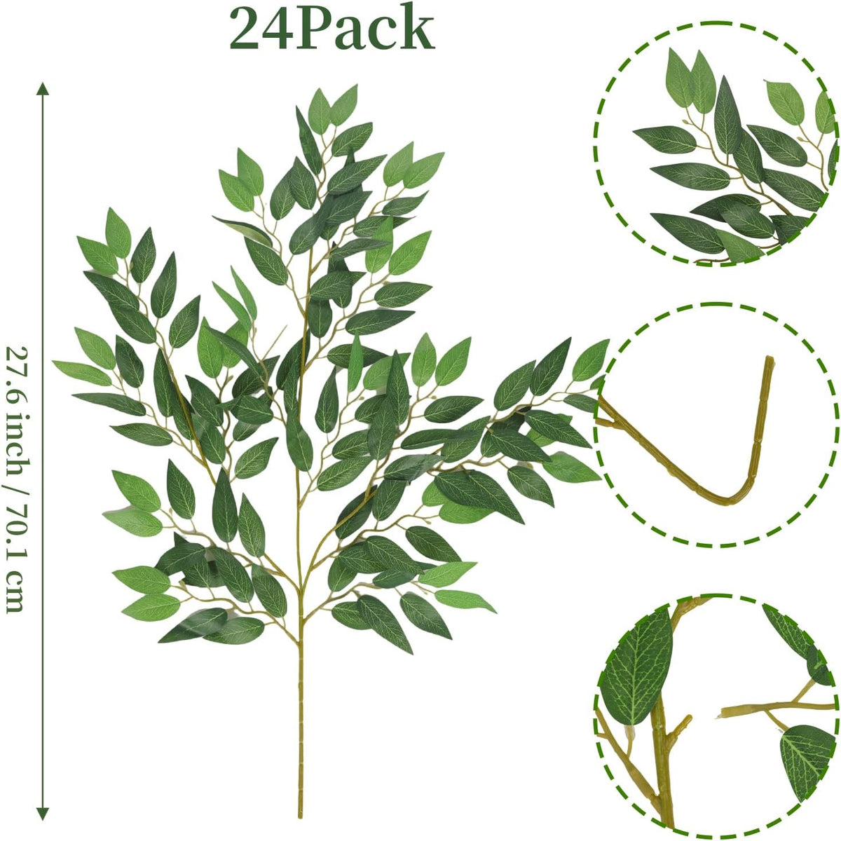 CEWOR 24 Pcs Italian Ruscus Greenery Stems, 27.6in Artificial Green Leaf Garland Vines Hanging Spray for Wedding Arch Bouquet Filler Table Centerpieces Home Decor