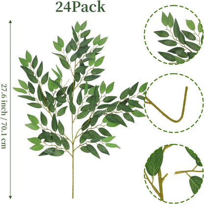 CEWOR 24 Pcs Italian Ruscus Greenery Stems, 27.6in Artificial Green Leaf Garland Vines Hanging Spray for Wedding Arch Bouquet Filler Table Centerpieces Home Decor