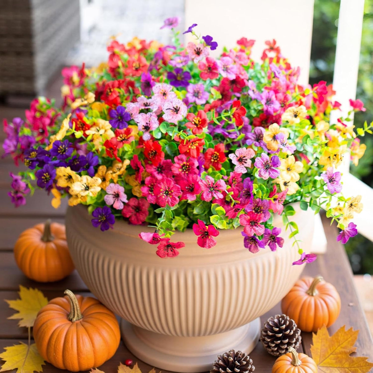 HyeFlora Artificial Flowers for Outdoor Indoor Garden Home Decoration, Faux Flower Daisy with Eucalyptus Leaves Fake Plants Greenery Boxwood Porch Patio, 12 Bundles (6 Multicolor)