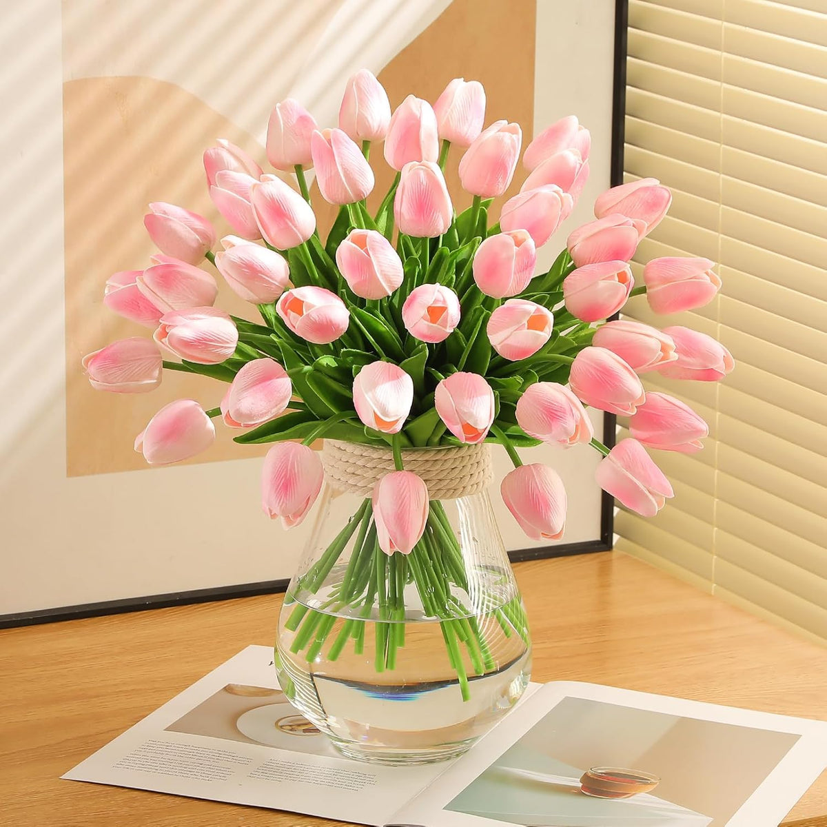 24 Pcs Artificial Tulips PU Faux Flowers, Red Real Touch Fake Tulips for Valentine's Day Spring Easter Home Kitchen Wedding Decorations and New Year Decor