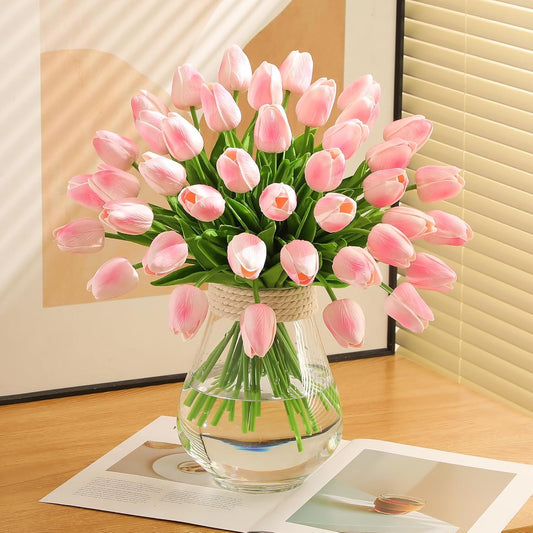 24 Pcs Artificial Tulips PU Faux Flowers, Red Real Touch Fake Tulips for Valentine's Day Spring Easter Home Kitchen Wedding Decorations and New Year Decor