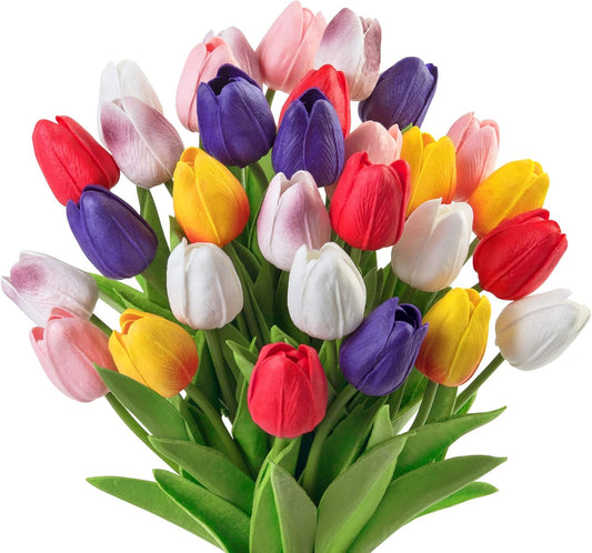 Ouddy Decor 30 Pcs Multicolor Tulips Artificial Flowers Real Touch PU Faux Flowers Fake Tulips Stems for Spring Summer Bouquet Floral Room Table Party Wedding Easter Mothers Gifts Home Decorations