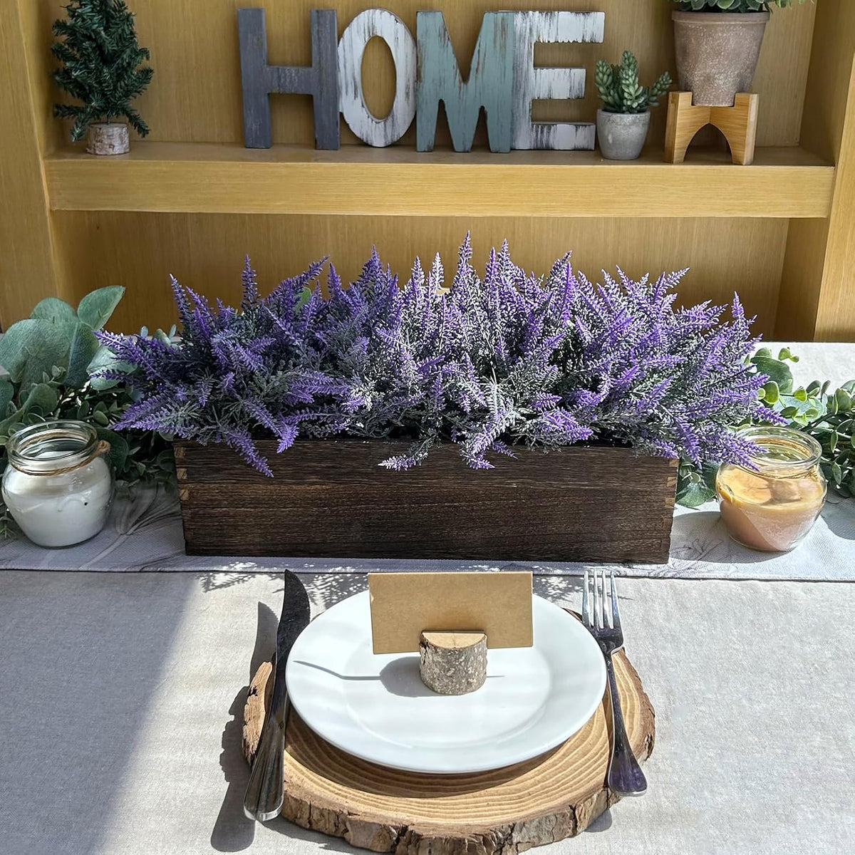 Winlyn 14" Artificial Lavender Flowers Plants in Rectangular Wooden Planter Box Faux Frosted Lavender Potted Arrangements Floral Centerpiece for Farmhouse Home Wedding Table Centerpiece Mantel Décor