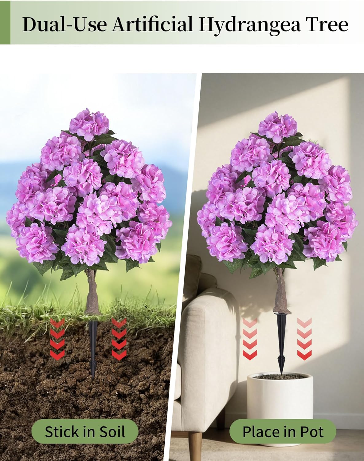 BLOSMON Hydrangea Topiary Trees Artificial - Outdoor 2 Packs 33" Pink Fake Flower Ball Tree for Front Porch Planters Urns Decor - 20 Heads Faux Hydrangea Bush Plants with Spike for Garden Yard Patio