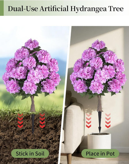 BLOSMON Hydrangea Topiary Trees Artificial - Outdoor 2 Packs 33" Pink Fake Flower Ball Tree for Front Porch Planters Urns Decor - 20 Heads Faux Hydrangea Bush Plants with Spike for Garden Yard Patio