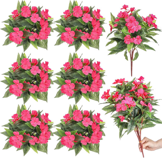 Wavwavw 6 Pcs Artificial Impatiens Bouquet Flowers for Outdoors 15 Inch Silk Flowers Greenery Artificial Impatiens for Outdoor Patio Lawn Garden Balcony Pot Hanging Basket Porch Decoration(Rose Red)