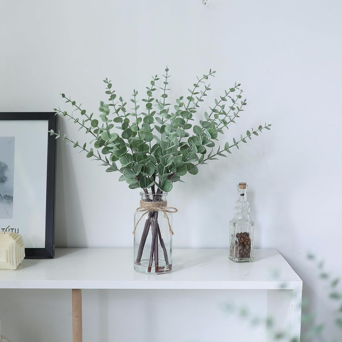 VIERENA 17.5" Artificial Eucalyptus Stems in Glass Vase with Faux Water, Fake Plant Eucalyptus Leaves White Seeds for Centerpiece Table Decorations Farmhouse Wedding Home Greenery Decor (Sage Green)