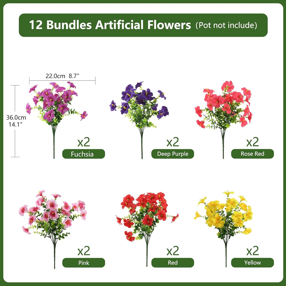 INQCMY Artificial Fake Petunia Flowers for Outdoors Spring Decoration, 12 Bundles Faux Plants Outdoor UV Resistant Realistic Silk Flower for Outside Planters Patio Porch Yard Window Box