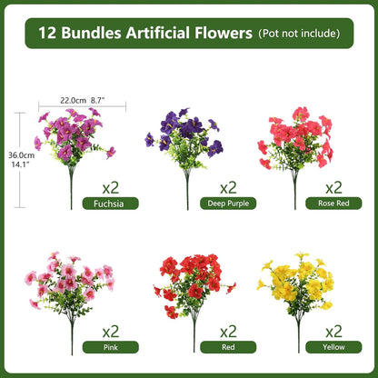 INQCMY Artificial Fake Petunia Flowers for Outdoors Spring Decoration, 12 Bundles Faux Plants Outdoor UV Resistant Realistic Silk Flower for Outside Planters Patio Porch Yard Window Box