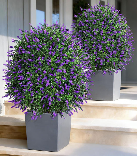 26" Artificial Boxwood Topiary Trees with Lavender Flowers 2 Pack Fake Plants for Outdoor Indoor Artificial Shrubs with Metal Ground Spike UV Resistant Fake Bushes for Front Porch Garden, Purple