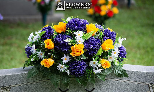 Sympathy Silks Artificial Cemetery Flowers – Realistic Vibrant Roses, Outdoor Grave Decorations - Non-Bleed Colors, and Easy Fit - 1 Purple Mum and Yellow Rose Saddle for Headstone