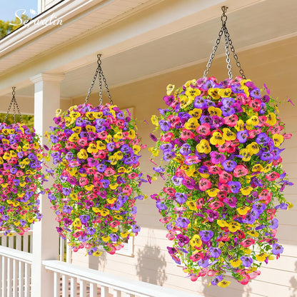 Serwalin Artificial Fake Hanging Flowers for Outdoors Planters, 6 Pcs UV Resistant Faux Pansy Spring Flowers for Outside Porch Patio Garden Window Box (Mixed Colors)