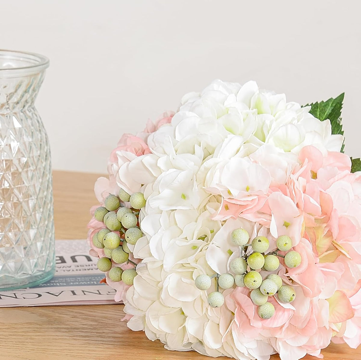 Hydrangeas Floral Arrangement in Glass Vase, Fake Flowers Silk Hydrangea Artificial Flowers with Vase for Home Office Decoration, Dining Table Centerpiece(Pink)