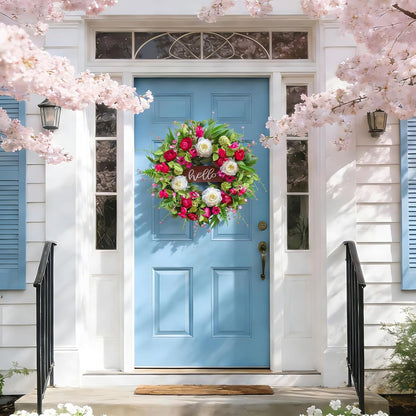 24 Inch Spring Summer Wreath with Pink Peony, Tulip, White Rose and Hello Wooden Sign