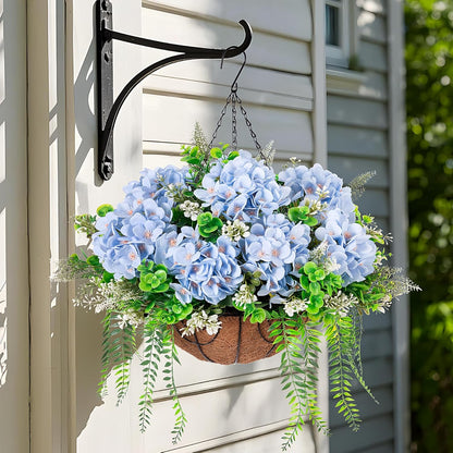 Artificial Hanging Hydrangea Flowers with Basket for Outdoor Spring Decoration, Fake Silk Hydrangea Flower Outdoor Indoor Arrangements, Fake Hanging Plants for Balcony Garden Yard Decor(Blue)